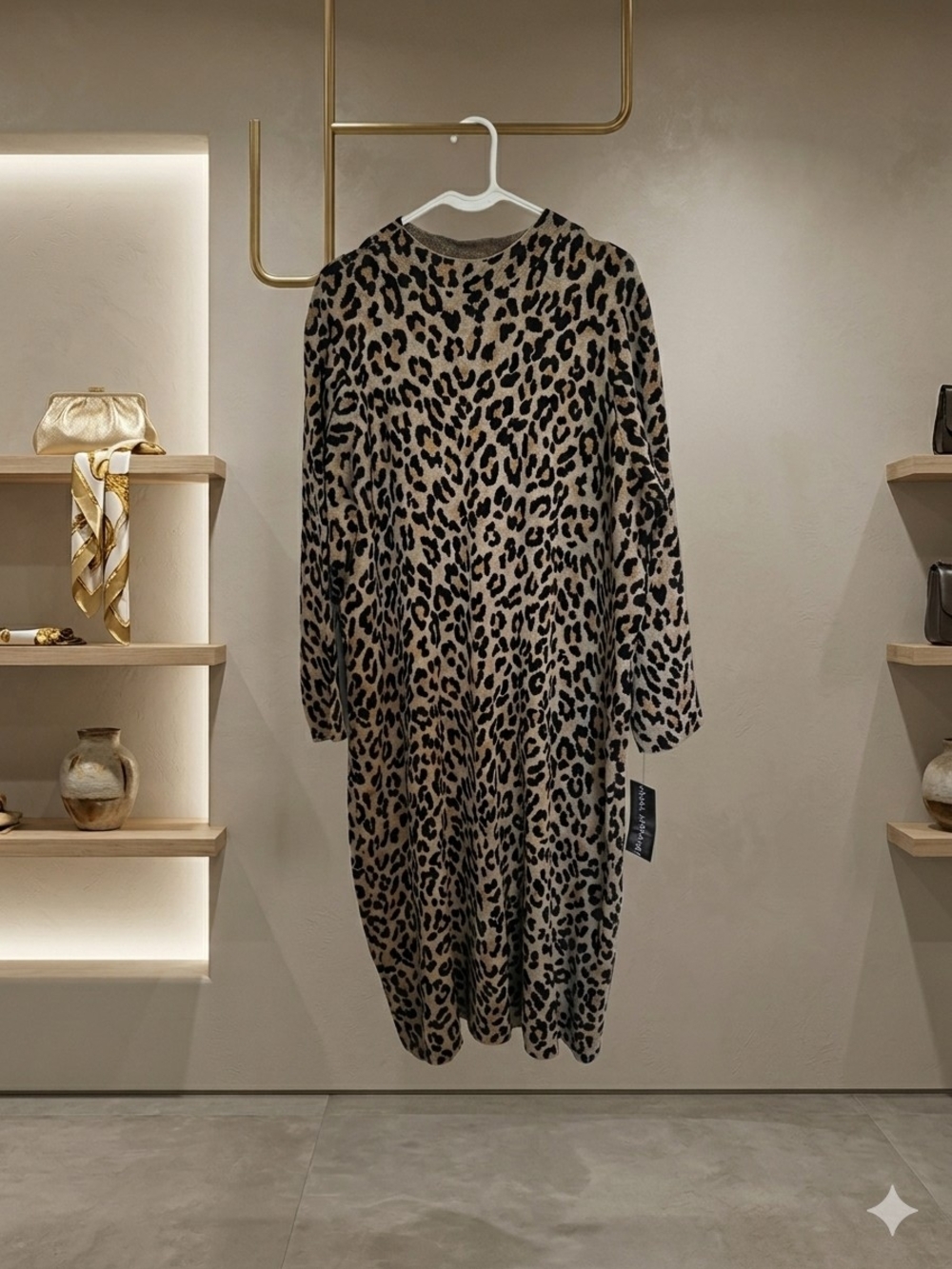 Leopard Print Long Sleeve Dress - Beige/Black
